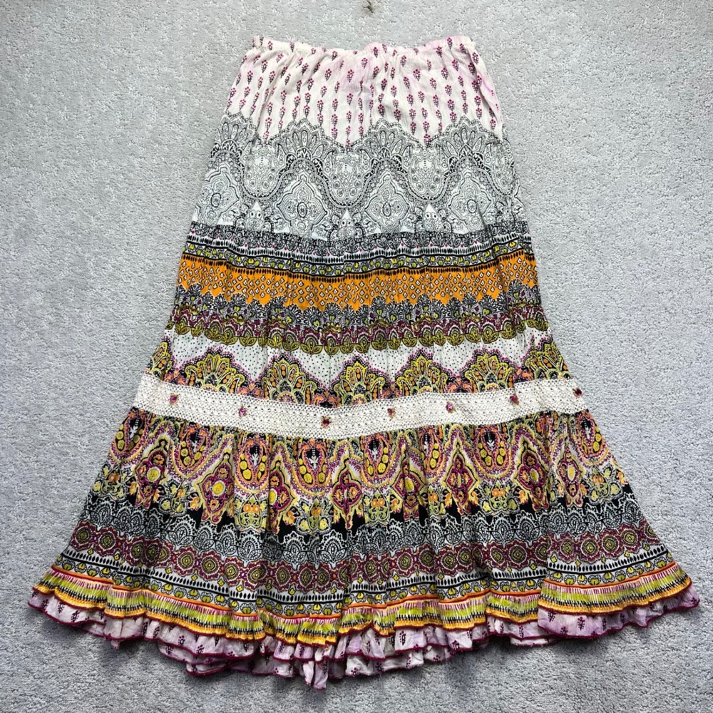 Forbidden Los Angeles Maxi Skirt Womens M Multicolor Paisley Tiered Boho Rayon